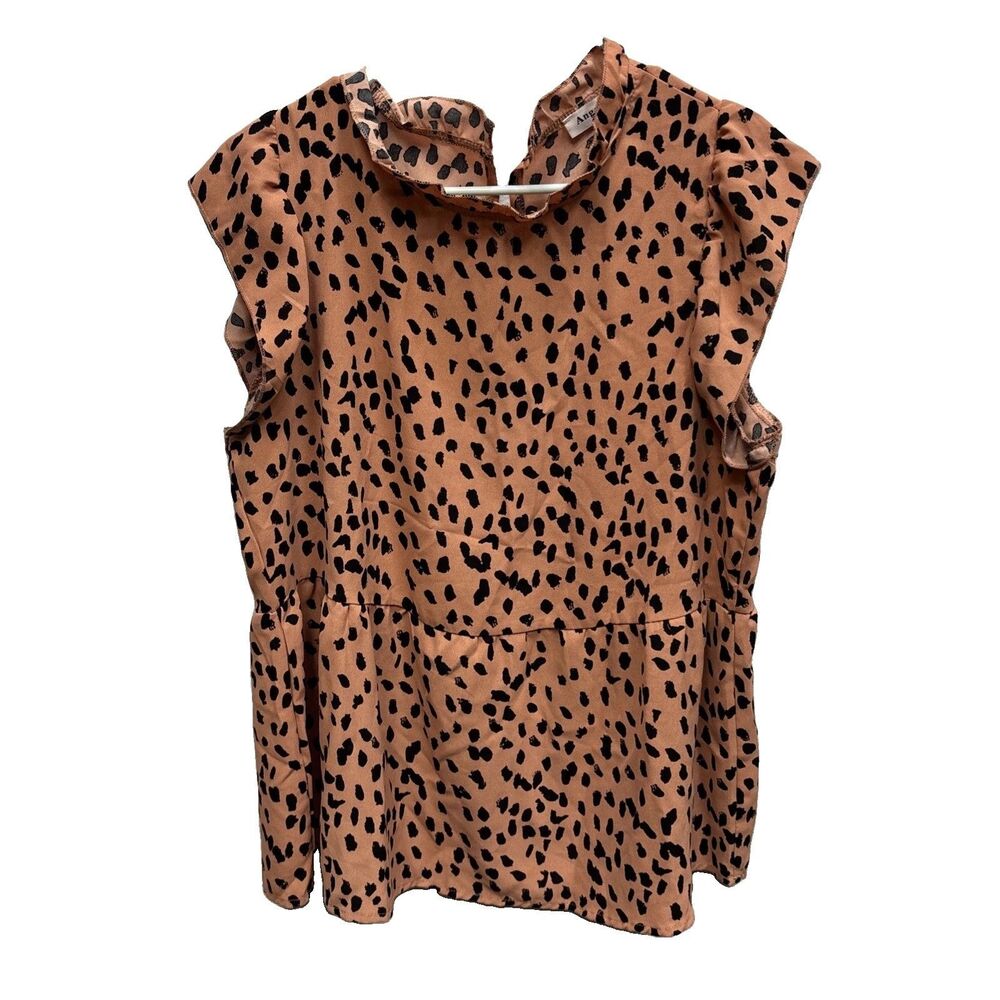 Angashion Leopard Ruffle Cap Sleeve Top L Keyhole Button Pullover Peplum Women